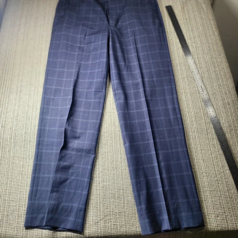 Brooks Brothers Dress Pants Mens 34 Blue Windowpane Plaid Wool Blend Flat Front